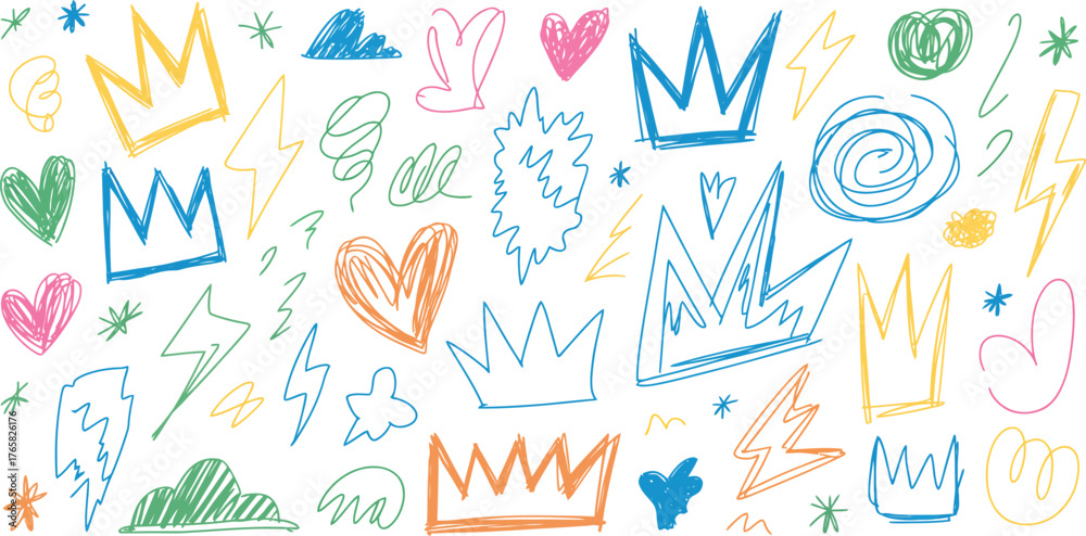 Obraz premium Colorful doodle crowns hearts lightning bolts star