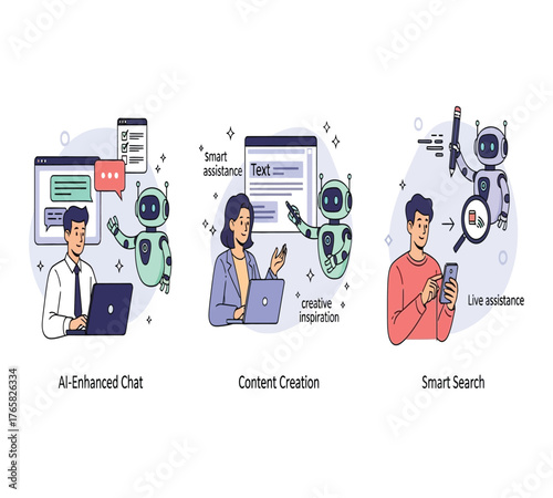 Illustrations showcasing the integration of ai in education, depicting teachers using ai tools, students learning with ai assistance, and aipowered educational resources isolated on white background