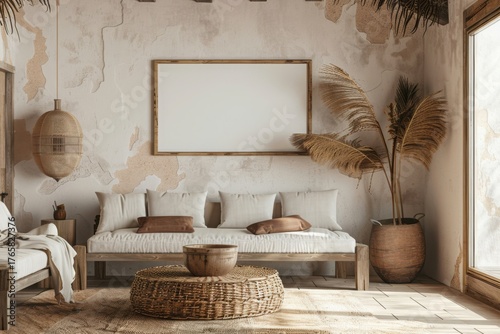 Fototapeta Naklejka Na Ścianę i Meble -  Mockup frame in nomadic boho interior background with rustic decor, 3d render