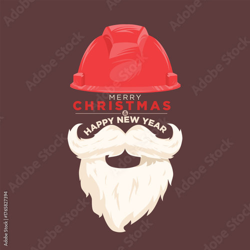 Abstract red safety helmet with Santa beard and mustache design saying We Wish You Merry Christmas and Happy New Year. Perfect for civil engineering holiday theme.