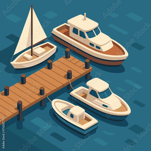 Boats docked at a wooden pier in a serene waterscape
