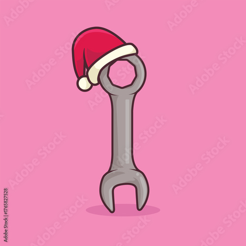 Cartoon wrench wearing a Santa hat. Perfect festive vector for mechanical engineers, workshops, and industrial Christmas or holiday design themes