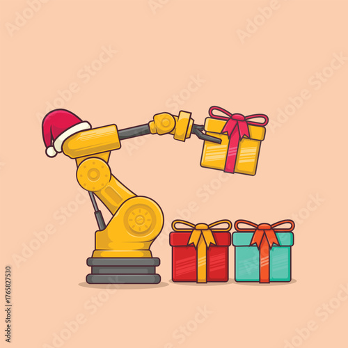 Yellow robotic arm wearing a Santa hat preparing a Christmas gift box with ribbon. Perfect festive vector for mechanical engineers and industrial holidays