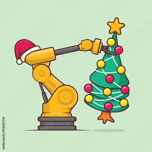 Yellow robotic arm wearing a Santa hat lifting a Christmas tree. Perfect festive vector for mechanical engineers, automation, and industrial holiday themes