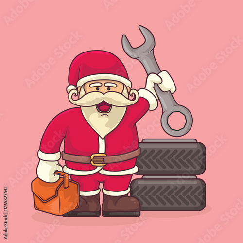 Cartoon Santa Claus holding a wrench and toolbox with tires behind him. Perfect festive vector for mechanical engineers, workshops, and industrial Christmas