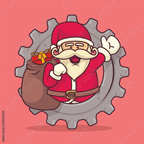Cartoon Santa Claus waving from inside a gear while carrying a gift bag. Perfect Christmas illustration for mechanical engineers and industrial workshops.