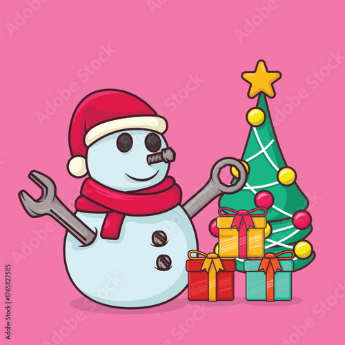Cartoon snowman with wrench hands standing in front of Christmas gifts and christmas tree. Perfect holiday illustration for mechanics and engineers.