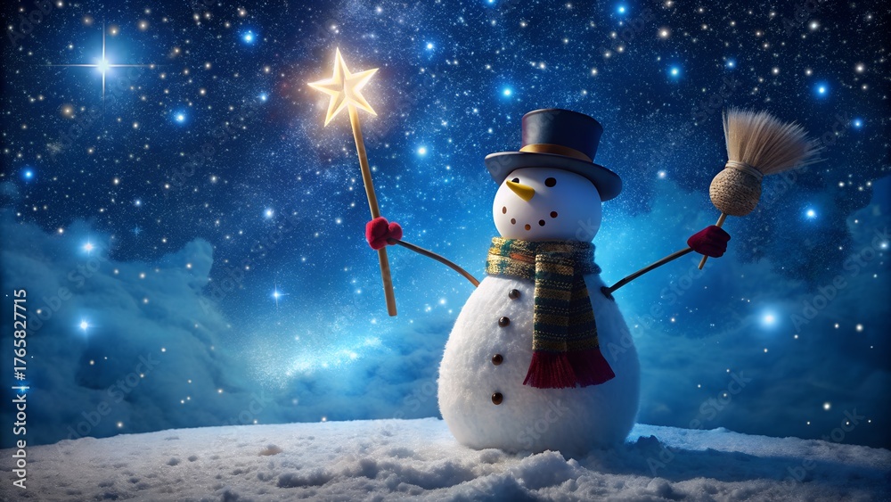 Obraz premium A charming snowman wearing a top hat and scarf holds a glowing star wand and a broom under a starry night sky with a magical atmosphere