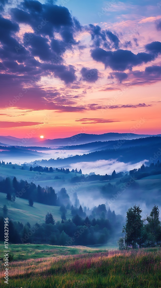 Obraz premium Misty Valley Sunrise Rolling Hills and Colorful Sky Landscape Photography