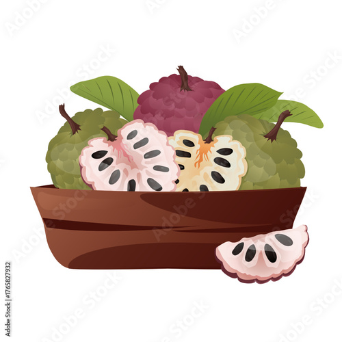 Cherimoya (Custard Apple) fruit with leaves on the plate.
