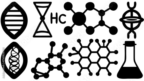 Scientific symbols showcase modern research lab elements in bold minimalistic style for education and innovation