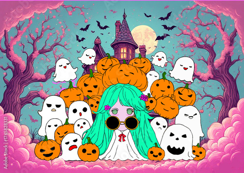 Cute Pink Halloween Party – Ghosts and Pumpkins Gathering in a Magical Night