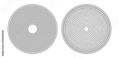 Concentric ripple circles set. Circular line pattern. Radial fade wave for sound, swirl, radio and sonar. Minimal loud noise illusion or sonic ripple fade. 