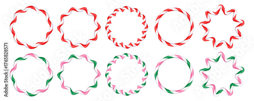 Christmas Oval and round wavy lollipop frames with red white and green candy stripes. Christmas striped lollipops for text decoration. Christmas design elements. Isolated vector.