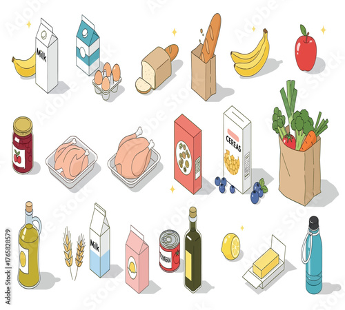 A grocery store haul isolated on white background