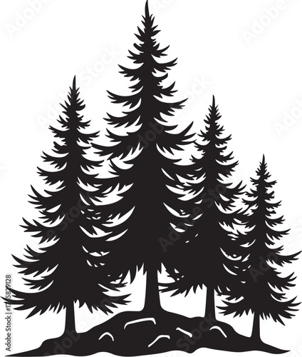 Black silhouette of a cluster of pine trees on a white background