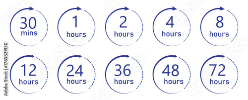Hour timer icon set. 1, 2, 4, 8, 12, 24, 36 48, 72 hours timer clock icon vector collection. vector icon Illustration . Delivery service, service time. Countdown time. 