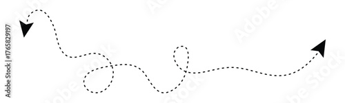 Black dotted line isolated on white background. Hand drawn line doodle arrow, curve arrow icon vector set. Sketch curved dashed arrows design.