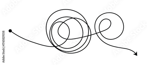 Messy lines. Complicated scribble path, messy tangle, doodle knot as thought from complex to easy solution. Complex to simple problem solving concept. Plan concept with smooth route and rough route. 