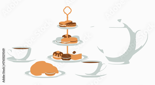 Minimalist vector set of high tea elements: three-tiered serving stand with assorted colorful pastries, two teacups, a croissant, macaron, and a white, stylized teapot silhouette