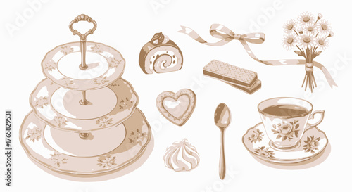 Elegant vector illustration of a vintage English tea party set with a tiered stand, porcelain teacup, roll cake, heart cookie, meringue, spoon, ribbon, and daisy bouquet