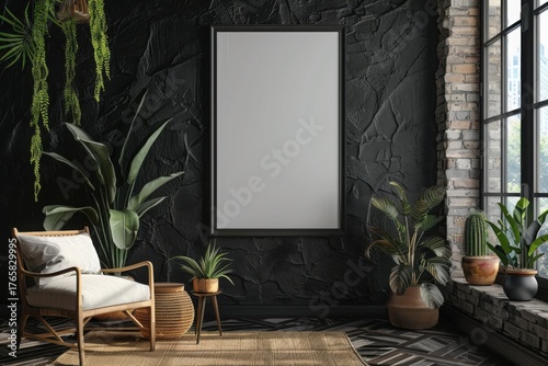 Fototapeta Naklejka Na Ścianę i Meble -  Modern dark home interior background, frame mock up, 3d render