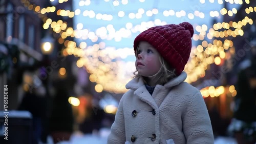 Childhood Christmas Wonder: A young girl in a red beanie and teddy coat gazes with enchanted curiosity at festive holiday lights on a winter evening.