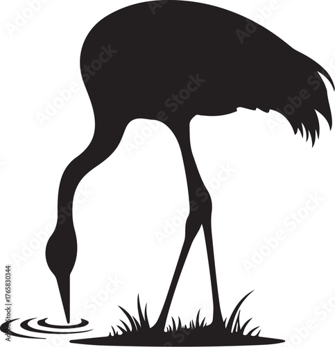 Black silhouette of a crane drinking water from ripples