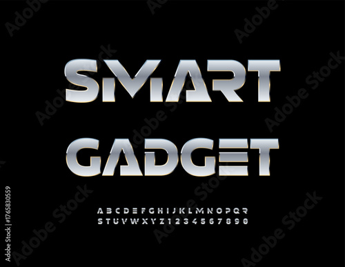 Vector Techno sign Cool Gadget. Digital Metallic Font. Trendy Alphabet Letters and Numbers set.
