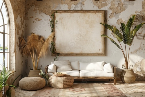 Mockup frame in nomadic boho interior background with rustic decor, 3d render