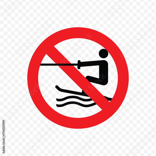 No water skiing or wakeboarding prohibited sign in a red circle with a diagonal slash