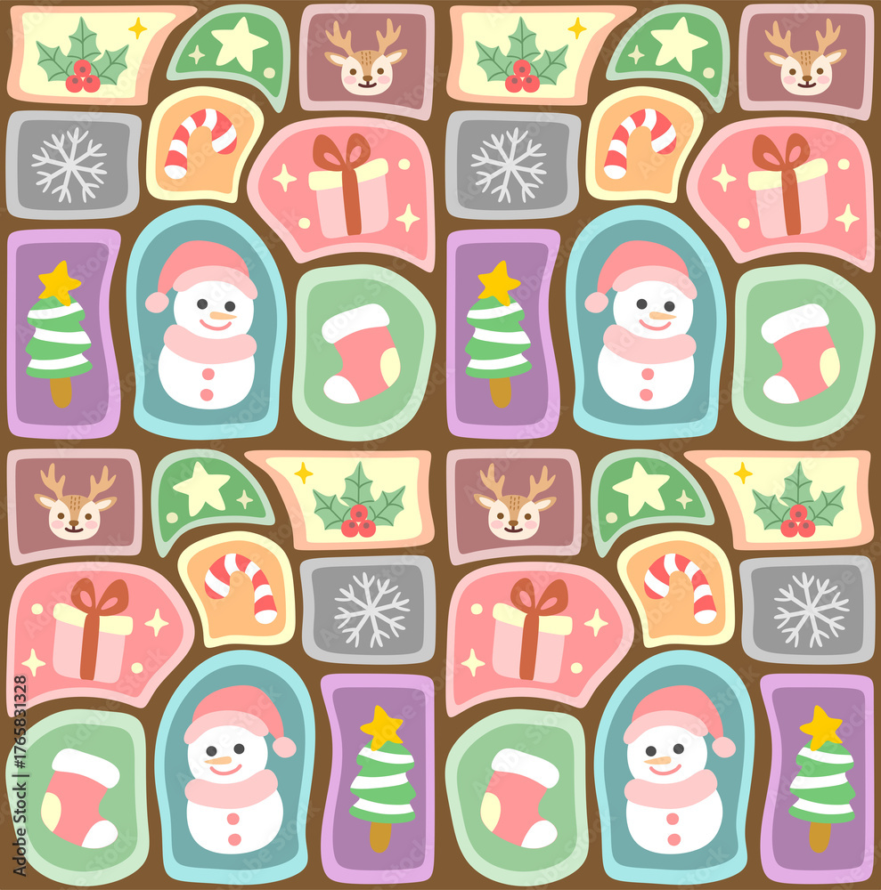 Fototapeta premium Cute Retro Christmas Seamless Pattern with Snowman, Reindeer, Tree and Gift Boxes 