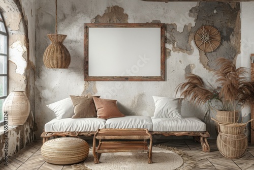 Mockup frame in nomadic boho interior background with rustic decor, 3d render