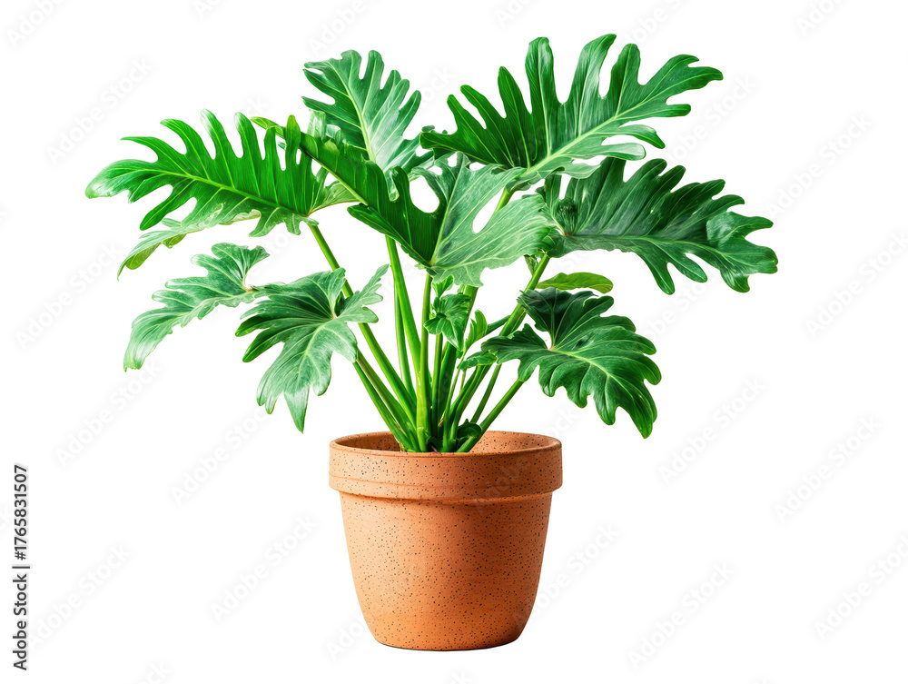 Fototapeta premium Lush Green Foliage Terracotta Pot White Background