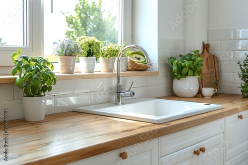 Modern interior of kitchen with white furniture, wooden counter and wooden floor. Kitchen sink with faucet near window and stylish design in new apartment