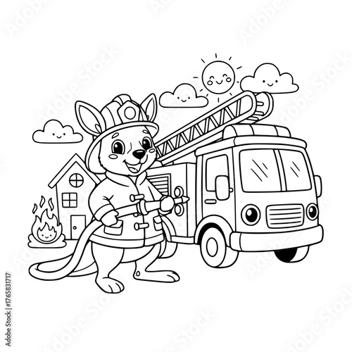 Brave kangaroo firefighter with hose and fire truck, simple coloring page for toddlers generative ai 