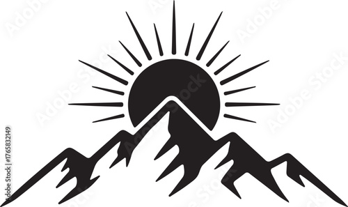 Mountain Sunrise or Sunset Silhouette Vector Emblem Adventure Nature Outdoors Symbol Hiking Camping Travel Logo Design Element Landscape View Graphic Art