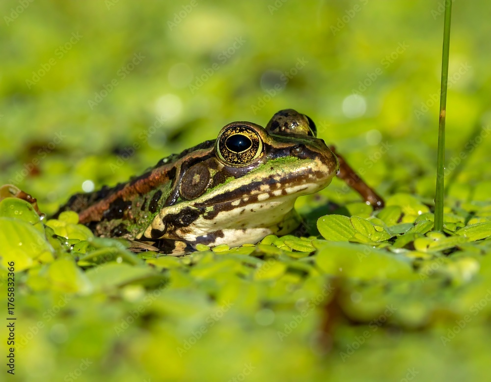 Fototapeta premium A close-up of a green frog with dark stripes sits in a pond covered in bright green plants, with intense focus on its big eyes