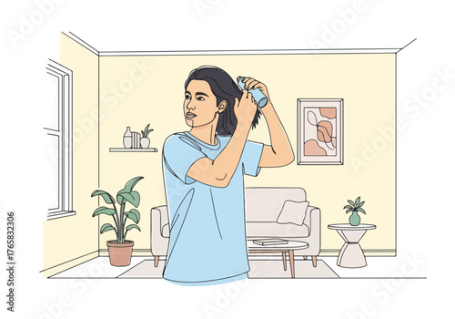A person styling their hair with spray at home. Minimalist line art of a daily grooming routine. Hair care and self-care concept graphic.