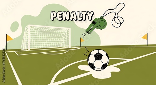 Soccer penalty kick concept with a soccer ball on the penalty spot, a whistle blowing, and a goal in the background, illustrating a sports game decision