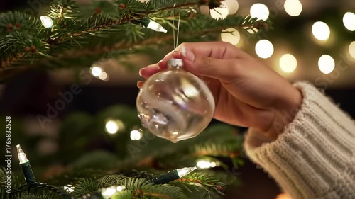 Christmas Tree Decorating: An adult woman's hand gently places a shimmering iridescent glass ornament on a festive green pine tree, illuminated by warm string lights indoors, embracing the winter
