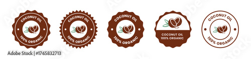 Coconut oil half with leaf icon set. 100% organic and natural. Coconut oil label, logo, badge, symbol, banner, line, flat vector, isolated illustration. Coconut oil label for product packaging design