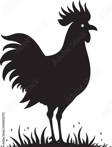 Black silhouette of a rooster standing in grass chicken