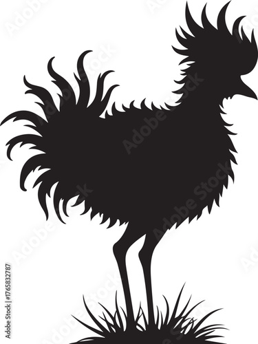 Black silhouette of a rooster standing in grass chicken