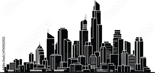 Modern City Skyline Silhouette Vector Illustration Metropolitan Area Skyscrapers Architecture Urban Landscape Outline Design on Transparent Background Contemporary Business District Buildings Horizon