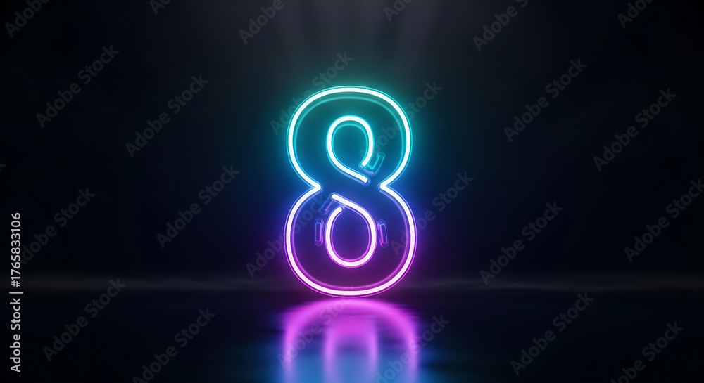 Fototapeta premium Neon Number Eight Blue Purple Gradient Dark Background Copy Space