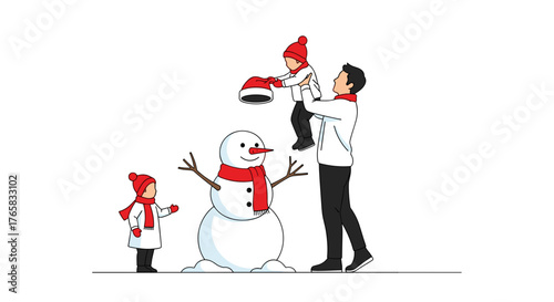 Family building snowman together in winter with festive hats  