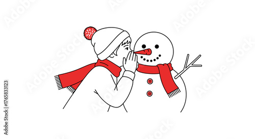 Child whispering secret to snowman wearing scarf in winter setting  