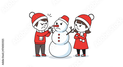Children arguing over snowman decoration during winter holiday  