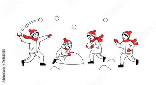 Children playing in the snow and having a snowball fight outdoors  